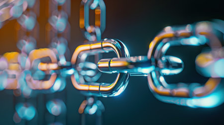 This close-up image features shiny metal chains reflecting light, showcasing an artistic abstract composition. The chains symbolize connection and strength.の素材