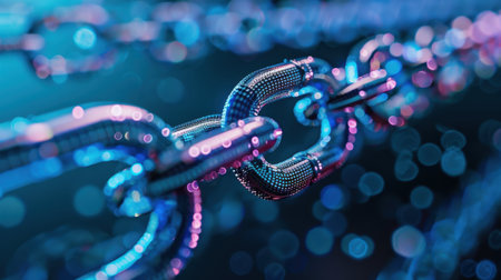 This captivating image features a close-up view of interconnected chains with a vivid color palette, showcasing strength and unity in a modern digital context.の素材