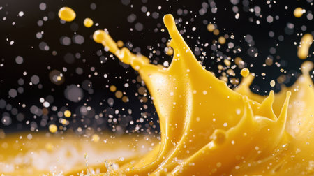 This image showcases a vibrant yellow liquid splash, expertly captured with high-speed photography. Droplets create an artistic background, conveying energy and creativity.の素材