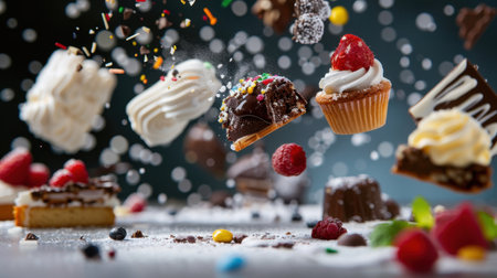 A lively scene featuring assorted colorful desserts falling through the air, showcasing toppings like sprinkles and fresh raspberries. The dynamic presentation evokes joy and celebration.の素材