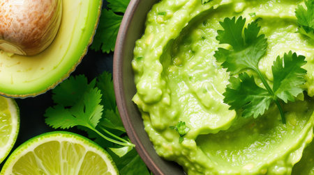 A vibrant avocado dip displayed in a stylish bowl, garnished with fresh cilantro, surrounded by halved avocados and limes. Perfect for appetizers.の素材