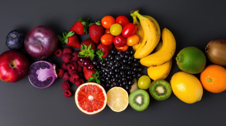 This image showcases a stunning array of fresh fruits beautifully arranged on a dark surface, perfect for health, nutrition, and culinary themes.の素材