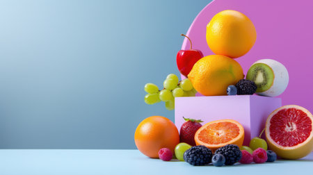 This vibrant arrangement of various fresh fruits showcases a blend of colors and textures, ideal for promoting healthy living, nutrition, and wellness.の素材