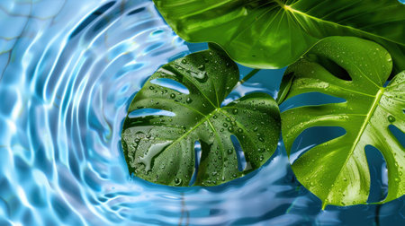 A vibrant composition of lush green leaves resting on a serene water surface, creating ripples that evoke tranquility and relaxation in nature.の素材