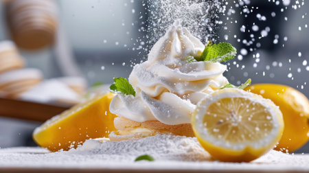 A visually stunning creamy dessert crafted with fresh lemons and garnished with mint leaves, sprinkled with sugar, perfect for food enthusiasts.の素材