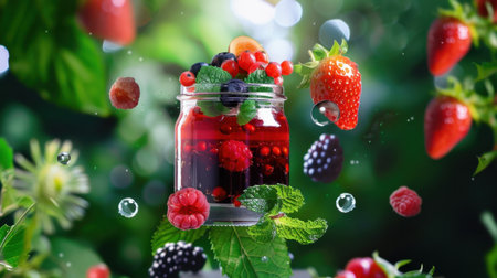 A vibrant scene featuring a jar filled with fresh homemade jam surrounded by colorful berries and mint leaves. Perfect for food lovers.の素材