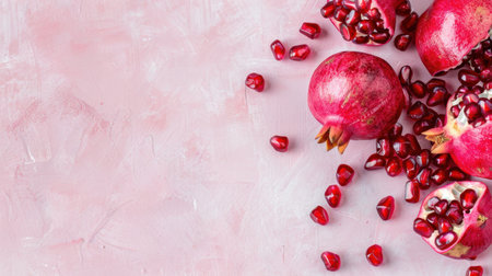 A stunning composition featuring vibrant pomegranate fruit and its juicy red seeds against a soft pink background, perfect for food photography and culinary projects.の素材