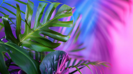 This image features vibrant tropical leaves against a colorful background, creating a serene and modern atmosphere. Perfect for various design themes.の素材