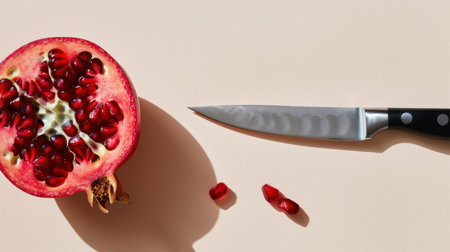 A halved pomegranate showcases its glossy seeds next to a stainless steel knife on a soft peach background. Perfect for food-related themes.の素材