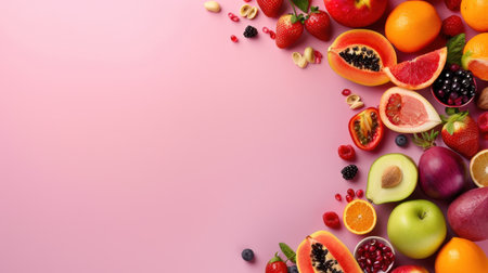 A vibrant and fresh assortment of various fruits beautifully arranged on a pink background, showcasing the bounty of nature and promoting healthy eating habits.の素材