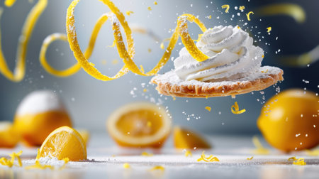 A stunning composition featuring a lemon meringue pie with fluffy whipped cream, suspended in air amidst bright lemon slices and zest, evoking freshness.の素材