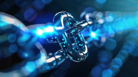 This image features a futuristic abstract representation of a glowing chain with digital effects set against a blue bokeh background, highlighting innovation.の素材