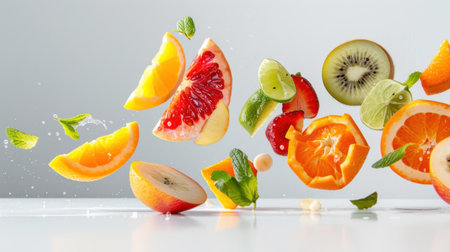 A stunning arrangement of fresh fruits including apples, oranges, and kiwis, captured mid-air with water droplets, showcasing a vibrant and healthy lifestyle.の素材
