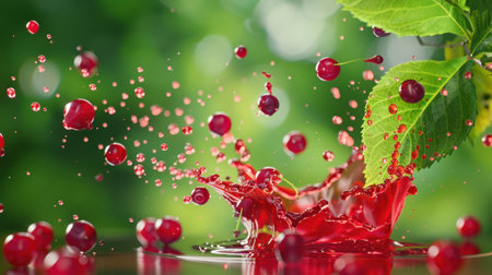 A dynamic splash of vibrant red liquid erupts as fresh cherries drop into it, creating an eye-catching scene filled with energy and vitality.の素材
