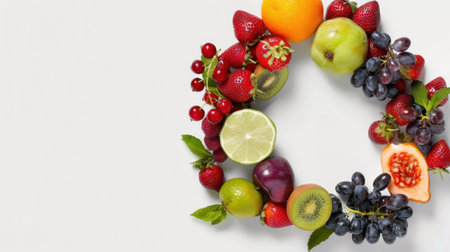 This image features a vibrant arrangement of various fresh fruits in a circular display on a light background, showcasing their colors and textures.の素材