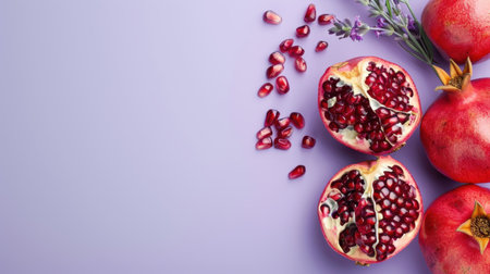 This image features fresh pomegranate halves revealing ruby-red seeds placed against a soft lavender background, perfect for healthy recipes or vibrant designs.の素材