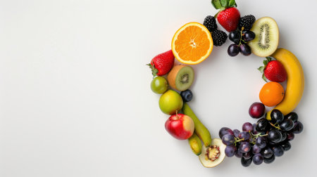 A vibrant display of assorted fresh fruits arranged in a circular formation, illustrating freshness and healthy eating concepts for dietary inspiration.の素材