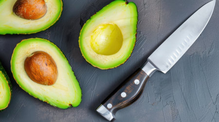 This image features fresh avocado halves alongside a sharp knife, perfect for healthy meal preparation and culinary inspiration. Ideal for food enthusiasts.の素材