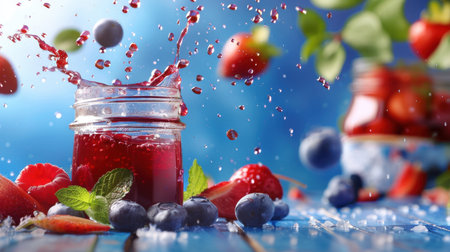 A vibrant capture of a jam jar surrounded by fresh berries, showcasing splashes and a bright background that embodies the joy of summer culinary creations.の素材