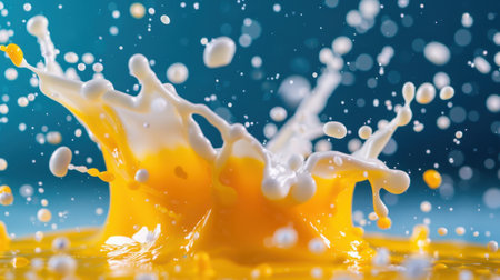 A vibrant and dynamic close-up of a yellow liquid splash, featuring droplets in bright colors against a smooth abstract background. Perfect for creative projects.の素材