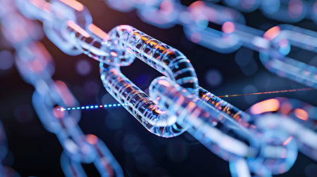 This abstract image features transparent chain links illuminated with colorful lighting effects, showcasing a modern and futuristic design ideal for technology concepts.の素材