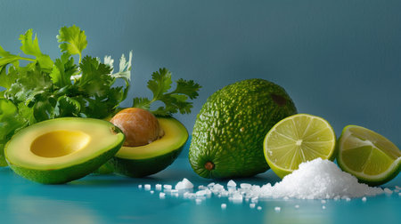 A vibrant arrangement featuring halved avocado, fresh lime slices, and cilantro with coarse sea salt on a blue background, ideal for culinary projects.の素材