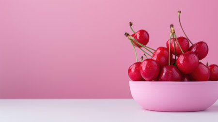 A vibrant display of fresh red cherries fills a pink bowl against a soft pink background, capturing the essence of summer and healthy eating. Perfect for food photography and lifestyle themes.の素材