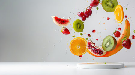 A captivating composition of floating fruit slices, including kiwi, watermelon, and orange, creating a dynamic splash effect, perfect for food photography.の素材