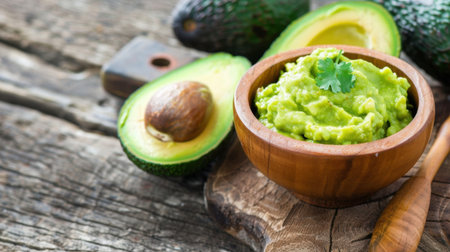 This image showcases fresh guacamole in a wooden bowl, accompanied by ripe avocados on a rustic wooden table, emphasizing healthy and flavorful ingredients.の素材