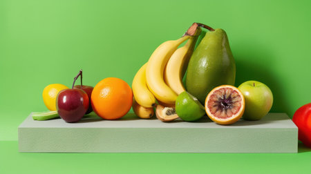 A vibrant and colorful arrangement of various fresh fruits including bananas, apples, oranges, and avocados displayed on a minimalistic platform against a green backdrop. Perfect for healthy living and food inspiration.の素材