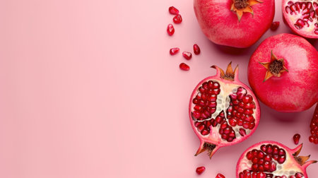 A visually appealing arrangement of fresh pomegranates, some whole and some sliced, showcasing vibrant seeds against a soft pink background, perfect for health-related themes.の素材