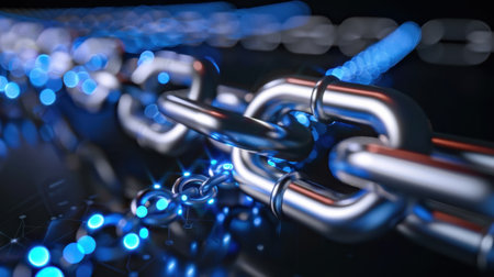This striking image showcases a close-up view of interconnected metallic chains illuminated by vibrant blue lights, set against a dark background. Perfect for technology and connection themes.の素材