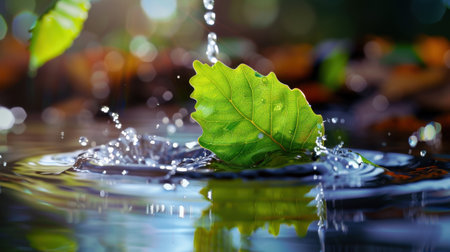 A vibrant green leaf rests amid gentle ripples in a pond, with water droplets creating a serene splash effect, embodying the essence of nature.の素材