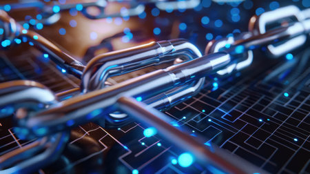 This image features a close-up of metallic digital chains interspersed with bright blue particles against a futuristic circuit board background, symbolizing network connectivity.の素材
