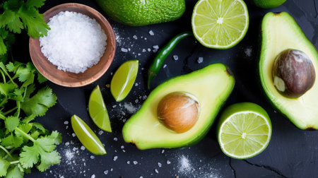 Explore a vibrant arrangement featuring fresh avocados, zesty limes, fragrant herbs, and coarse sea salt, perfect for culinary inspiration and healthy cooking.の素材