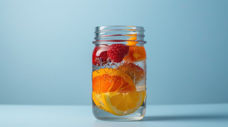 This image features a clear glass jar filled with ice-cold sparkling water, vibrant orange and lemon slices, and fresh raspberries. A perfect summer drink!の素材