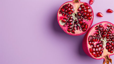 This image features a freshly cut pomegranate halved on a vibrant purple background, highlighting its juicy seeds and rich color. Perfect for health and nutrition themes.の素材