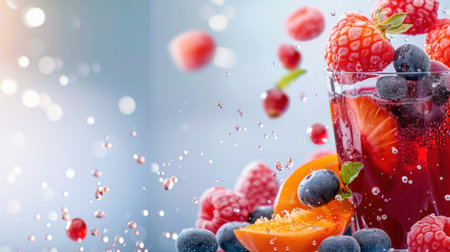 A vibrant fruit cocktail features splashes of colorful berries and slices of melon on a serene blue background, evoking freshness and summer delight.の素材