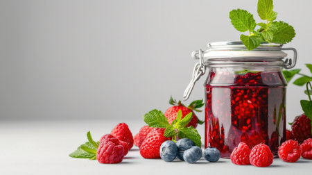 Enjoy the vibrant sight of fresh berries jam in a glass jar, surrounded by raspberries, blueberries, and mint leaves, perfect for a delicious breakfast or snack.の素材