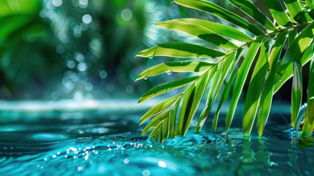 This stunning close-up captures lush green palm leaves reflecting in tranquil waters, creating a serene oasis atmosphere ideal for relaxation and escape.の素材