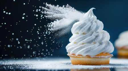 A beautifully styled vanilla cupcake topped with fluffy whipped cream and a light dusting of sugar. Perfect for any dessert display or celebration.の素材