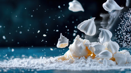 A dynamic image showcasing whipped cream and sugar droplets in motion, creating an enticing backdrop perfect for culinary projects or desserts.の素材