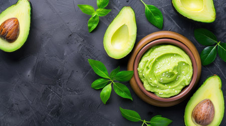 This image showcases fresh avocado halves and a bowl of creamy guacamole, set on a dark background with green leaves. Perfect for culinary themes.の素材
