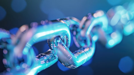 This close-up image features metallic chain links with a bright, reflective surface. The blue and purple bokeh background creates an abstract and modern feel, making it suitable for themes of technology and connection.の素材
