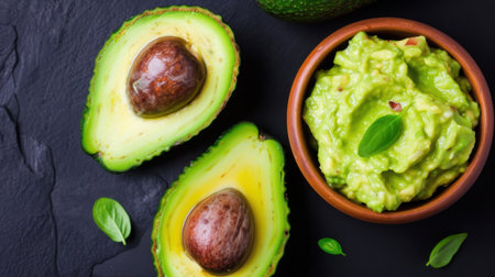 Discover the vibrant colors and textures of fresh avocado halves beside a bowl of creamy guacamole. Perfect for healthy meals and snacks.の素材