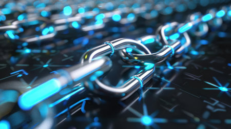 This image depicts a close-up of intertwined metallic links, glowing blue against a futuristic dark background, symbolizing connection and technology.の素材