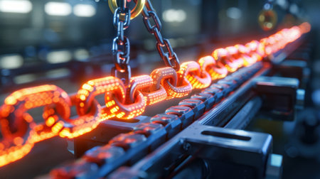 A close-up view of heavily illuminated industrial chains in a workshop, showcasing bright orange lighting, reflecting the strength and durability of heavy-duty equipment.の素材