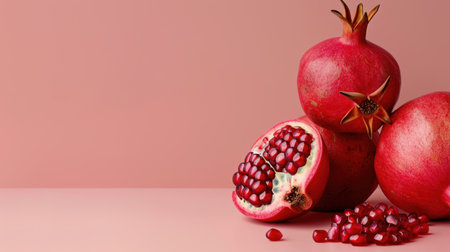 This vibrant image showcases fresh pomegranates on a soft pink background. The split fruit reveals bright seeds, emphasizing health and natural beauty.の素材
