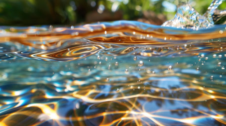 A mesmerizing view of the water's surface capturing the beautiful interplay of light, bubbles, and reflections, providing a serene atmosphere.の素材