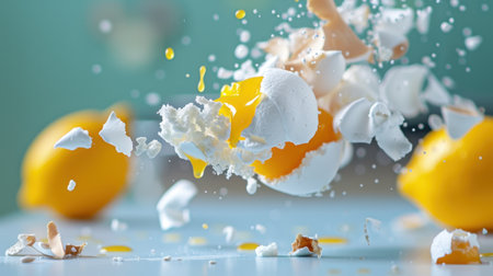 This captivating image captures fresh lemons and broken eggshells in an explosive moment, showcasing vibrant colors and contrasting textures, ideal for food-themed content.の素材